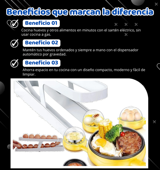 COMBO DESAYUNO PERFECTO – Sartén eléctrica multifuncional + Dispensador de huevos