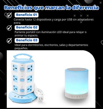 Combo Duo Power – Torre de Enchufes 3 Pisos + Parlante con Luces