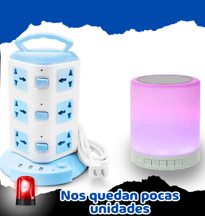 Combo Duo Power – Torre de Enchufes 3 Pisos + Parlante con Luces